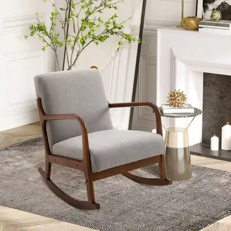 Grey Modern 25.3 High Back Rocking Chair with Solid Wood Base
