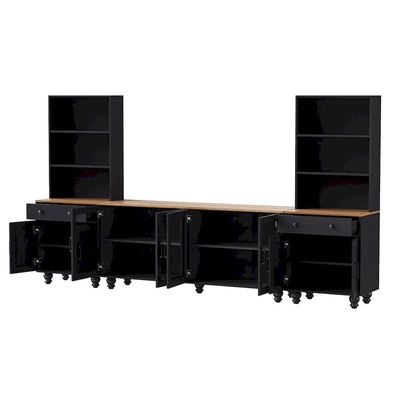 Black + Dark Walnut Farmhouse TV Entertainment Center with Bookshelves & Glass Doors for 70 TVs