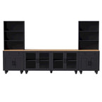 Black + Dark Walnut Farmhouse TV Entertainment Center with Bookshelves & Glass Doors for 70 TVs