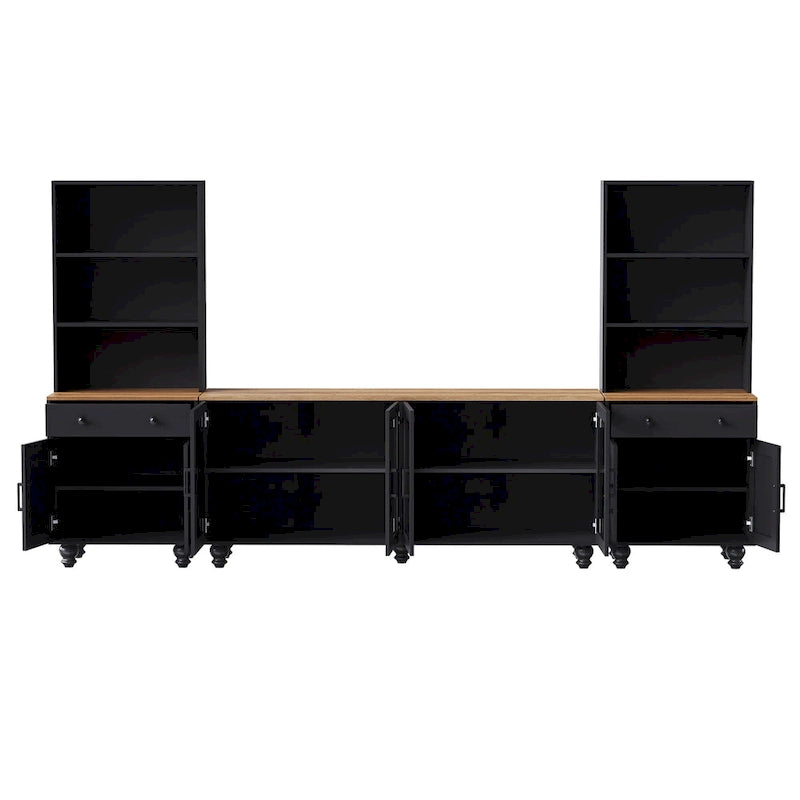 Black + Dark Walnut Farmhouse TV Entertainment Center with Bookshelves & Glass Doors for 70 TVs