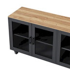Black + Dark Walnut Farmhouse TV Entertainment Center with Bookshelves & Glass Doors for 70 TVs