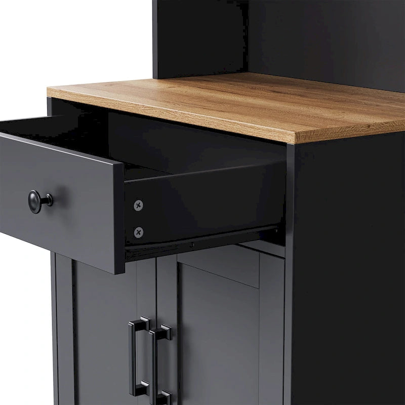 Black + Dark Walnut Farmhouse TV Entertainment Center with Bookshelves & Glass Doors for 70 TVs