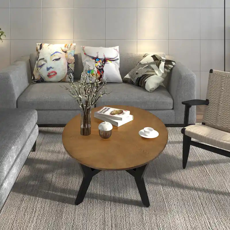 32inch Wood Round Coffee Table for Living Room,Mid Century Farmhouse Circle Wooden Coffee Tables for Apartment, Easy Assembly