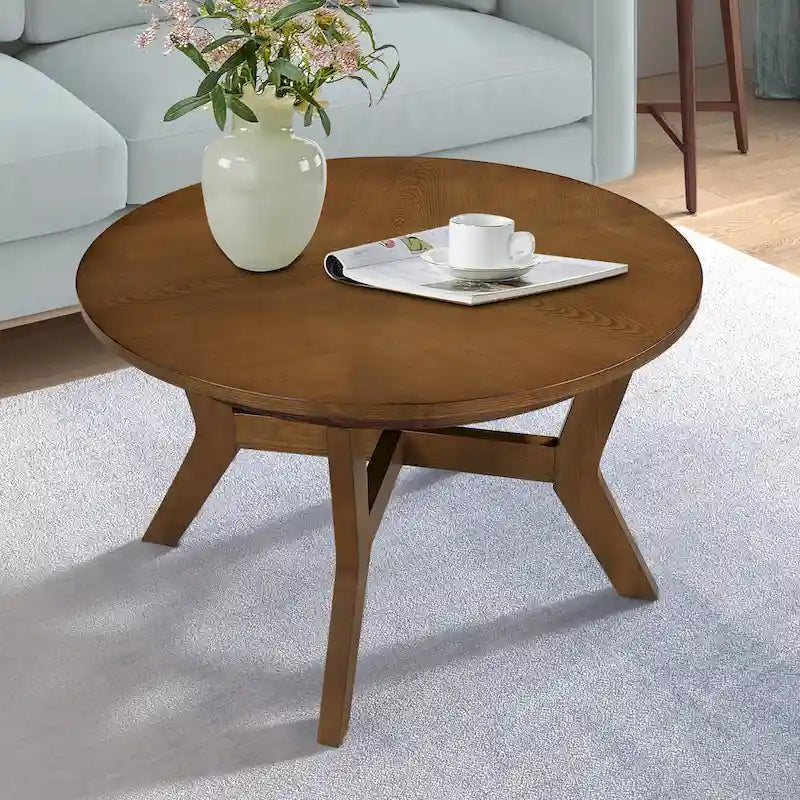 32inch Wood Round Coffee Table for Living Room,Mid Century Farmhouse Circle Wooden Coffee Tables for Apartment, Easy Assembly