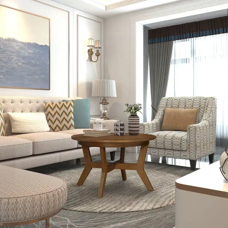 32inch Wood Round Coffee Table for Living Room,Mid Century Farmhouse Circle Wooden Coffee Tables for Apartment, Easy Assembly