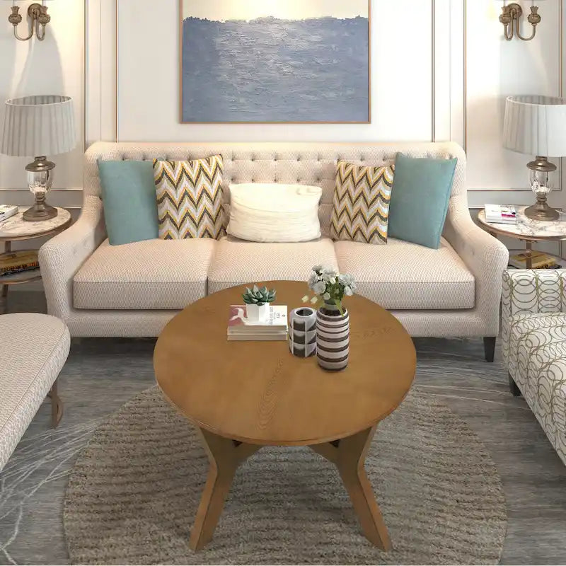 32inch Wood Round Coffee Table for Living Room,Mid Century Farmhouse Circle Wooden Coffee Tables for Apartment, Easy Assembly