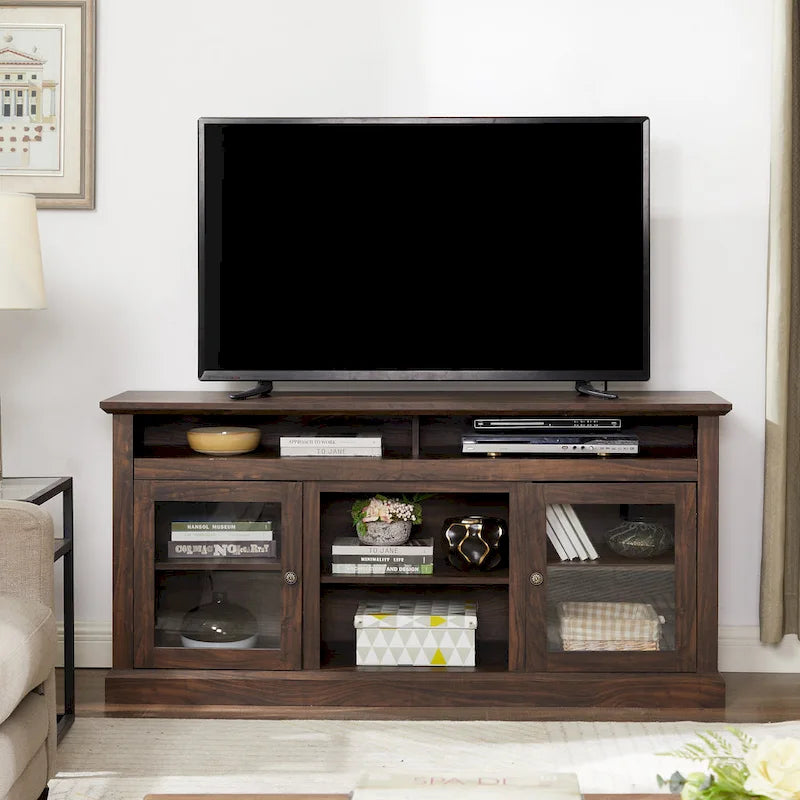 Modern TV Stand Media Stand Modern Entertainment Console for TV Up to 65 with Glass Door Open and Closed Storage Space