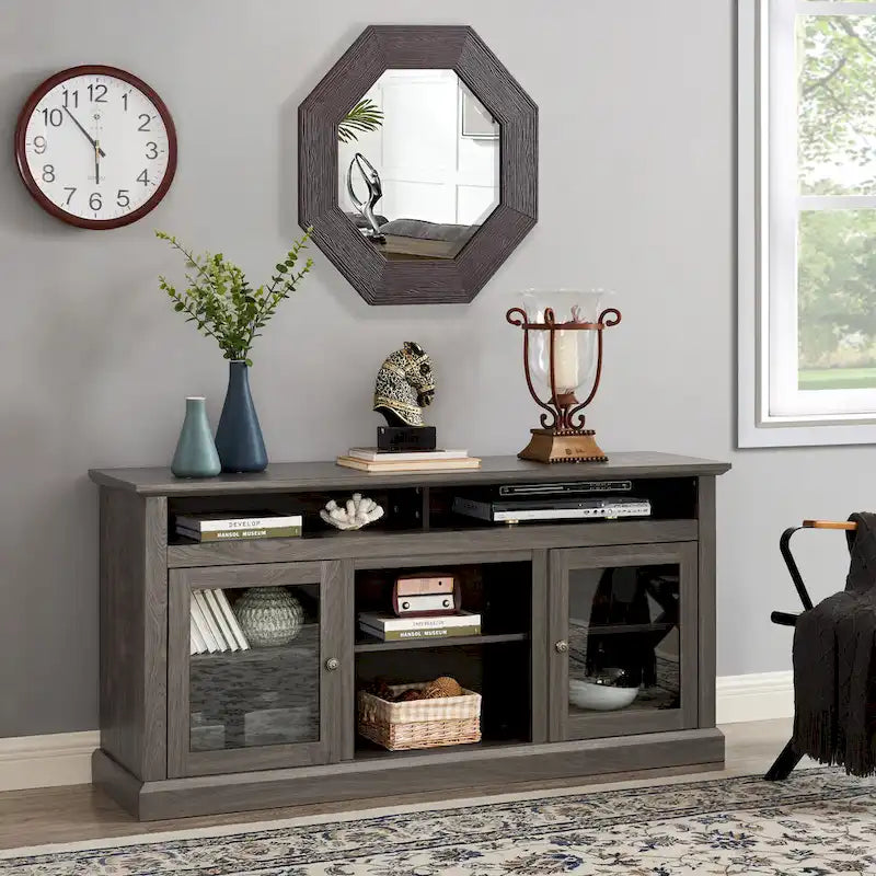 Modern TV Stand Media Stand Modern Entertainment Console for TV Up to 65 with Glass Door Open and Closed Storage Space