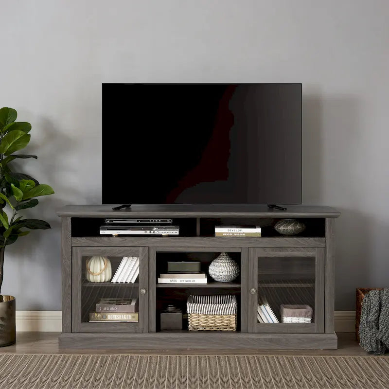 Modern TV Stand Media Stand Modern Entertainment Console for TV Up to 65 with Glass Door Open and Closed Storage Space