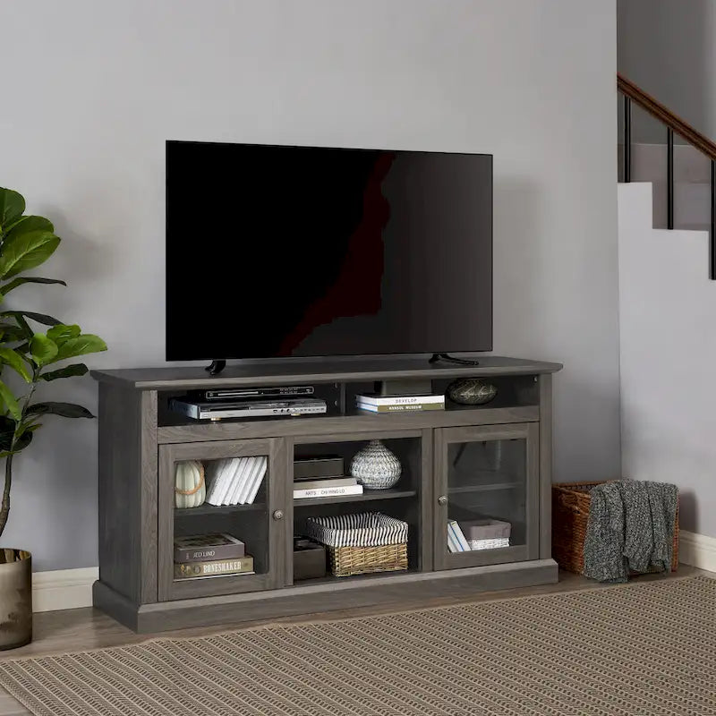 Modern TV Stand Media Stand Modern Entertainment Console for TV Up to 65 with Glass Door Open and Closed Storage Space