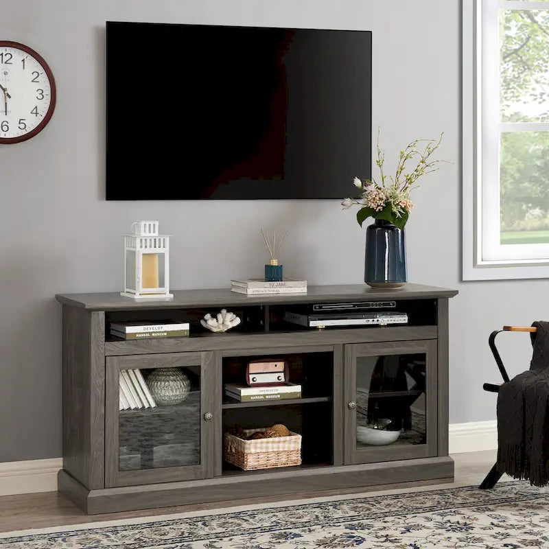 Modern TV Stand Media Stand Modern Entertainment Console for TV Up to 65 with Glass Door Open and Closed Storage Space