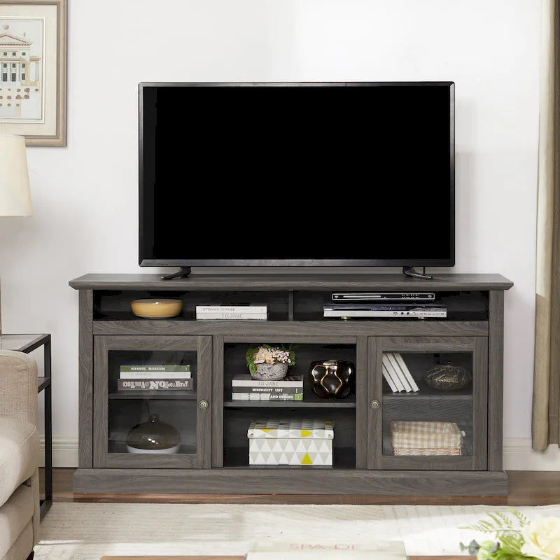 Modern TV Stand Media Stand Modern Entertainment Console for TV Up to 65 with Glass Door Open and Closed Storage Space