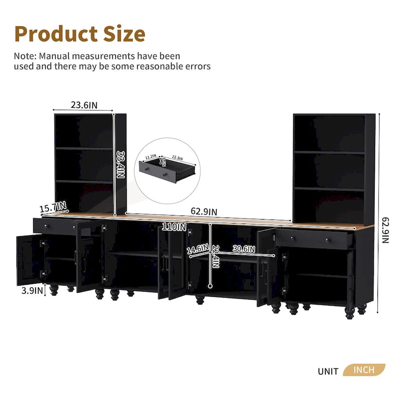 TV Stand with Adjustable Shelves for TVs Up to 70, Entertainment Center with Bookshelves for Living Room