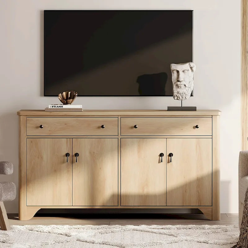 WAMPAT 59 Farmhouse TV Stand for 65 inch TV, Wood Entertainment Center with 2 Drawers and Storage Cabinets, Adjustable Shelves