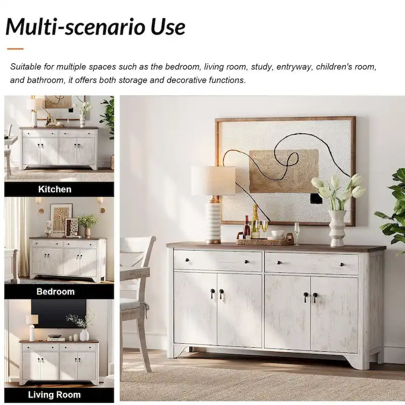 WAMPAT 59 Farmhouse TV Stand for 65 inch TV, Wood Entertainment Center with 2 Drawers and Storage Cabinets, Adjustable Shelves