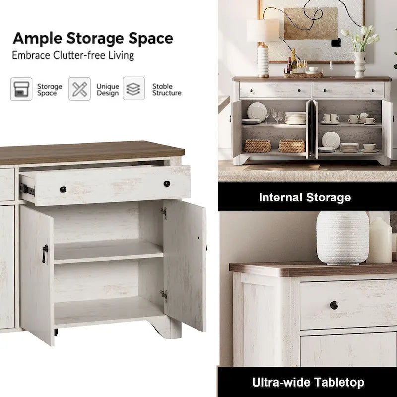 WAMPAT 59 Farmhouse TV Stand for 65 inch TV, Wood Entertainment Center with 2 Drawers and Storage Cabinets, Adjustable Shelves