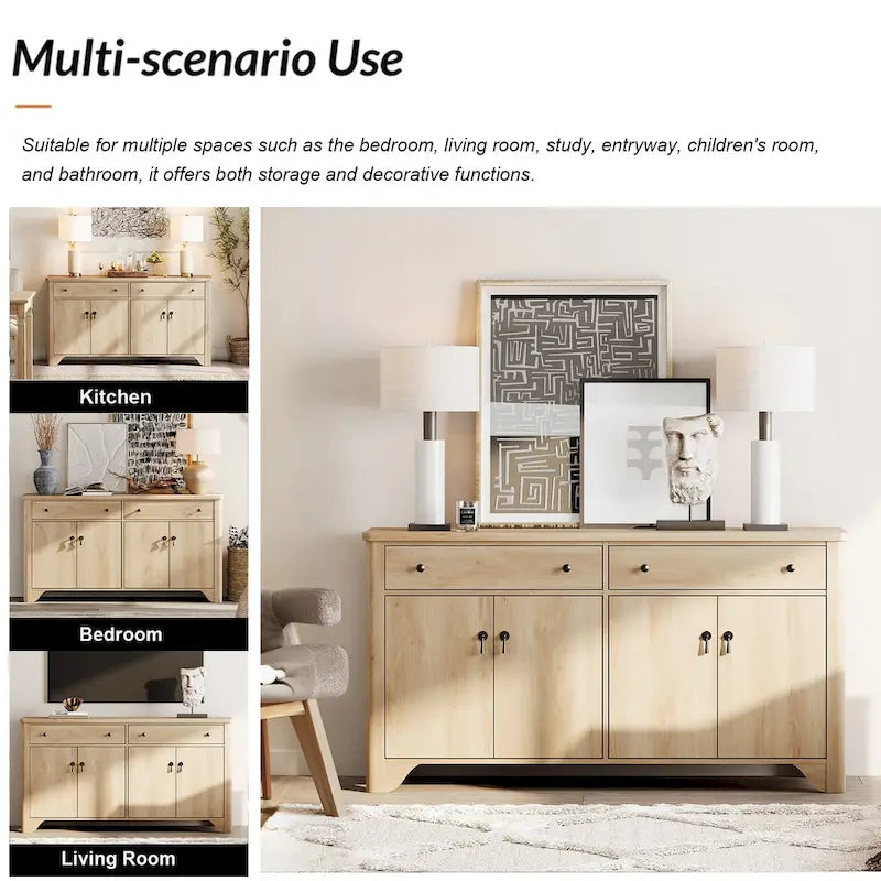 WAMPAT 59 Farmhouse TV Stand for 65 inch TV, Wood Entertainment Center with 2 Drawers and Storage Cabinets, Adjustable Shelves