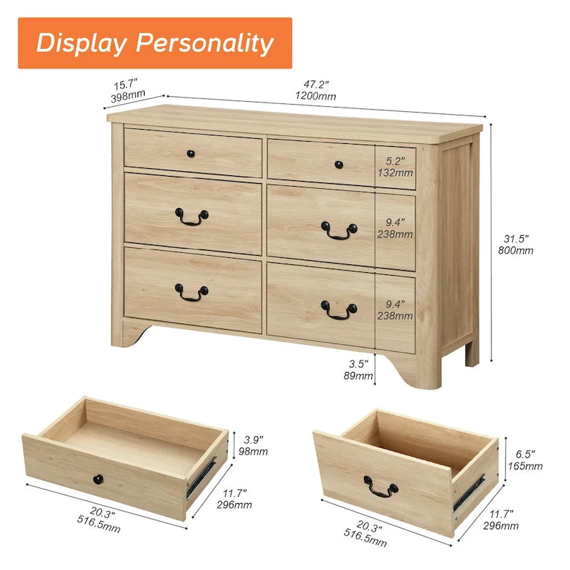 WAMPAT Farmhouse Dresser TV Stand with 6 Drawers for TVs up to 55 Inch, Wood Entertainment Center with Storage