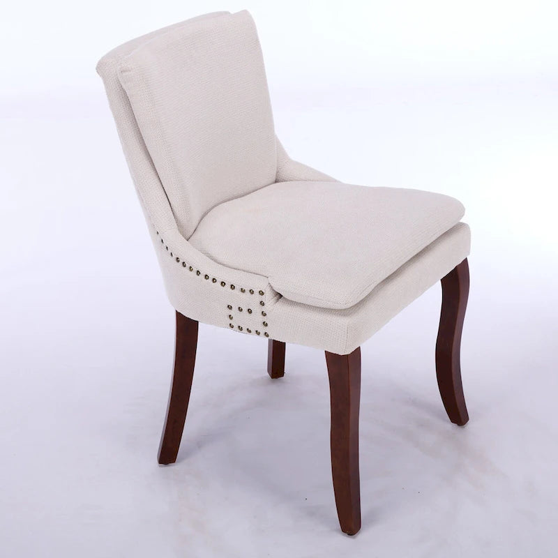 Double-layer Cushioned Dining Chairs Set of 2 Chenille Mid-Back Chair with Nailhead Trim Side Chair with Bent Wood Legs
