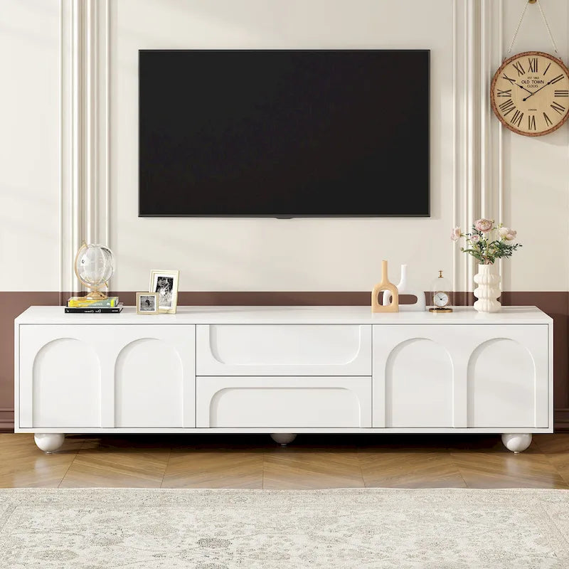 Modern Storage TV Stand with 2 Rebound Cabinets, 2 Drawers and 5 Round Legs for Living Room Bedroom