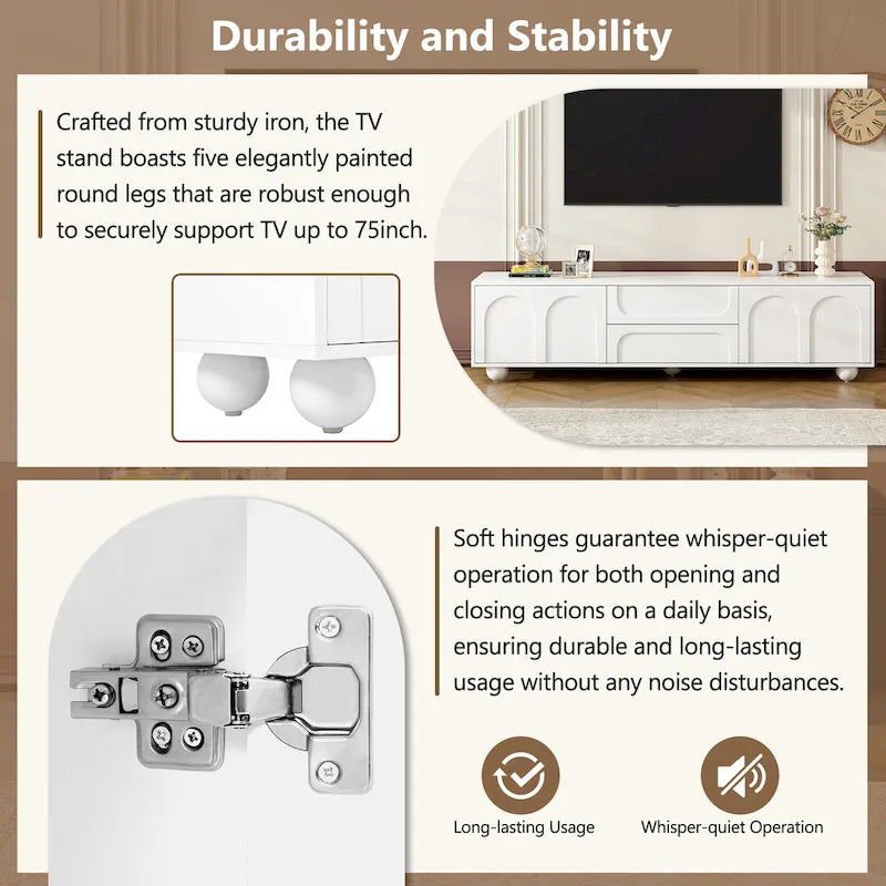 Modern Storage TV Stand with 2 Rebound Cabinets, 2 Drawers and 5 Round Legs for Living Room Bedroom