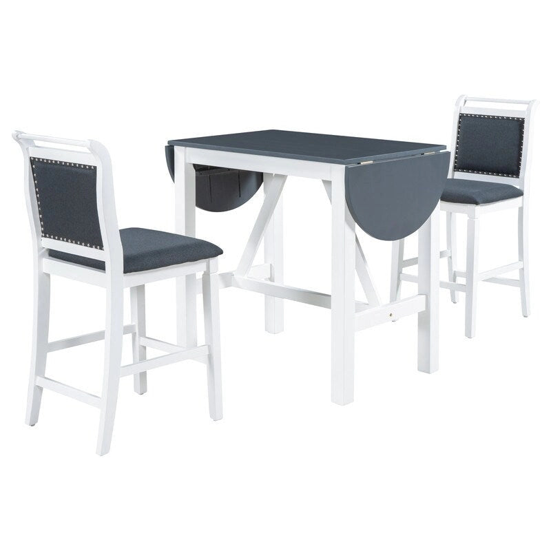 Compact 3-Piece Counter-Height Set  Drop-Leaf Wood Table & 2 Padded Dining Chairs for Small Spaces