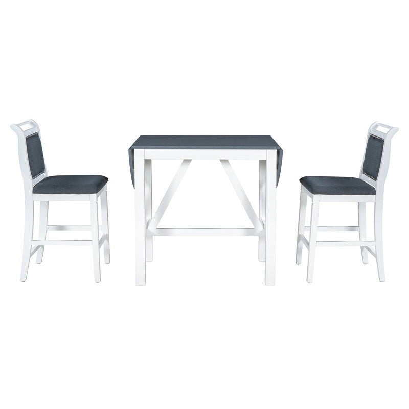 Compact 3-Piece Counter-Height Set  Drop-Leaf Wood Table & 2 Padded Dining Chairs for Small Spaces