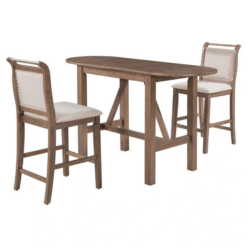 Compact 3-Piece Counter-Height Set  Drop-Leaf Wood Table & 2 Padded Dining Chairs for Small Spaces