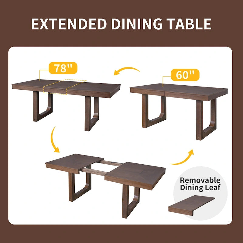 60-78 Extendable Dining Table, Farmhouse Wooden Kitchen Table with Removable Leaf, Large Expanding Table for 4-8