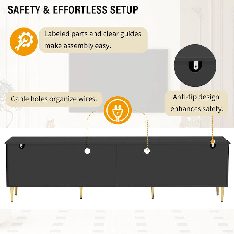 78.8 Retro TV Stand, Entertainment Center Media Console Cabinet with Six Metal Legs, 2 Cabinets, 4 Drawers