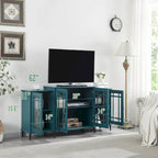 Teal Blue 62 TV Stand with Glass Doors & Shelves for Living Room