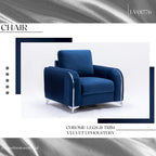 Blue Modern 38 Velvet UpholsteredAccent Chair with Polished Chrome Trim Legs and Vertical Pleated Design