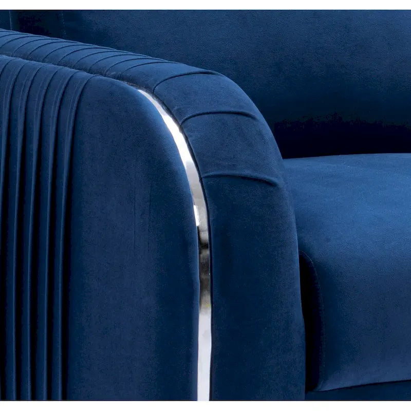 Blue Modern 38 Velvet UpholsteredAccent Chair with Polished Chrome Trim Legs and Vertical Pleated Design