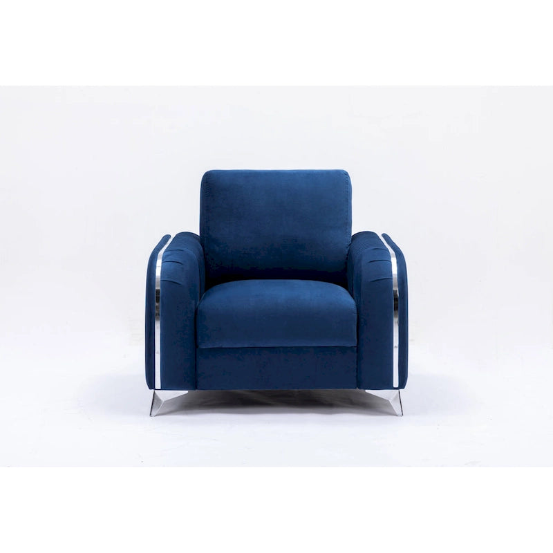 Blue Modern 38 Velvet UpholsteredAccent Chair with Polished Chrome Trim Legs and Vertical Pleated Design