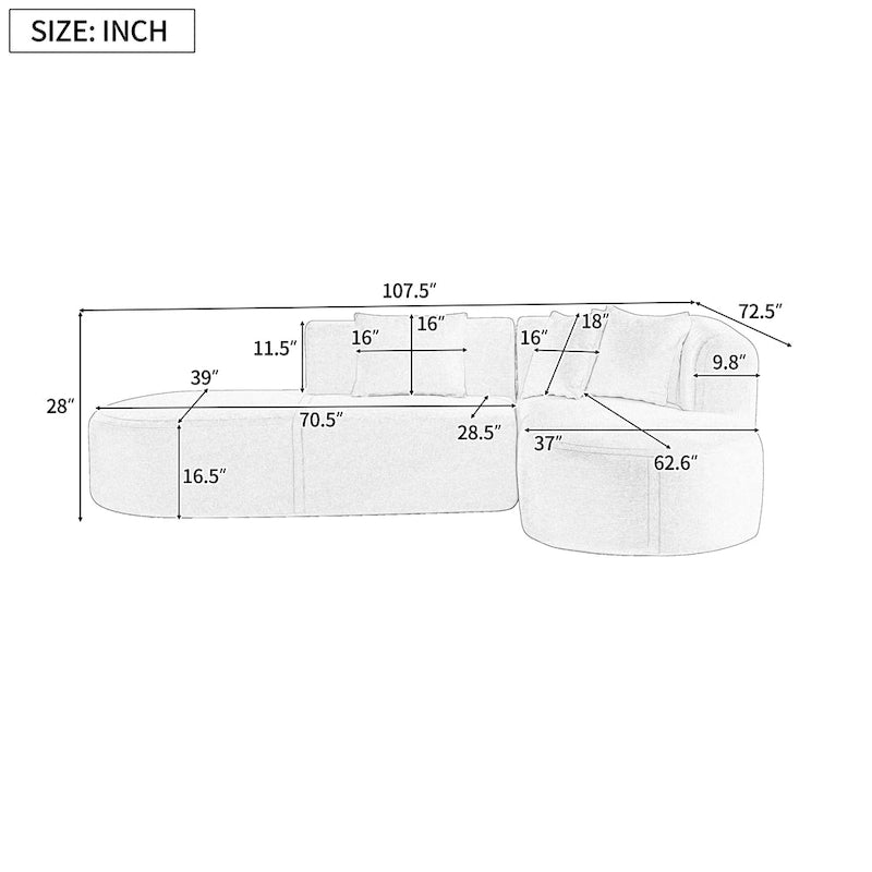 107.5 Polyester 4-Seat Corner Sofa with Curved Design & Wide Stitching