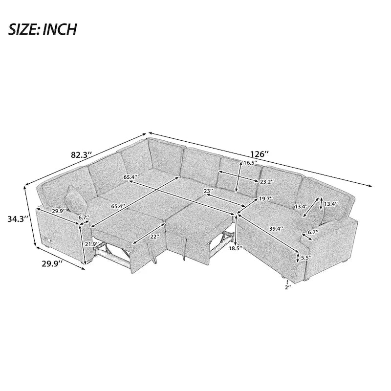 126 L-Shaped 6-Seat Sectional Sofa with Pull-Out Bed, USB Charging Ports, and Drop-Down Cup Holder Tables