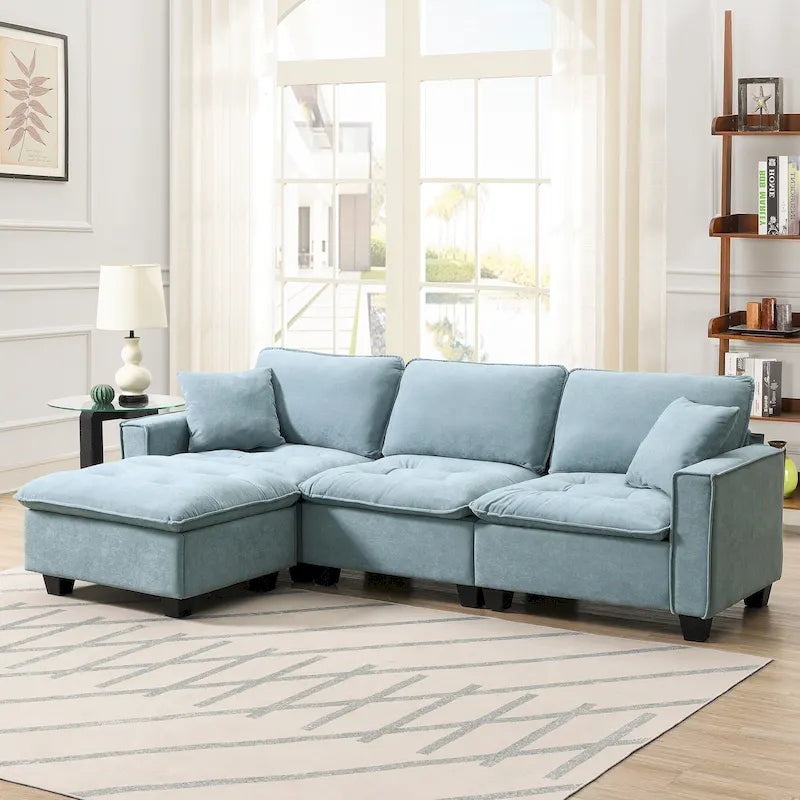 100 L-Shaped Convertible 4 Seater Sectional Sofa with Removable Ottoman and Matching Pillows, Suede Velvet Upholstery
