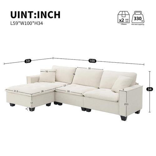 100 L-Shaped Convertible 4 Seater Sectional Sofa with Removable Ottoman and Matching Pillows, Suede Velvet Upholstery