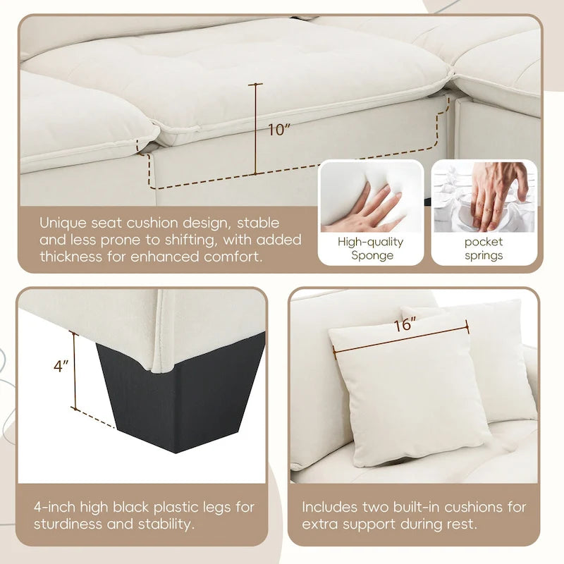 100 L-Shaped Convertible 4 Seater Sectional Sofa with Removable Ottoman and Matching Pillows, Suede Velvet Upholstery