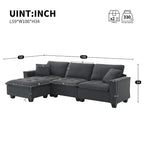 100 L-Shaped Convertible 4 Seater Sectional Sofa with Removable Ottoman and Matching Pillows, Suede Velvet Upholstery