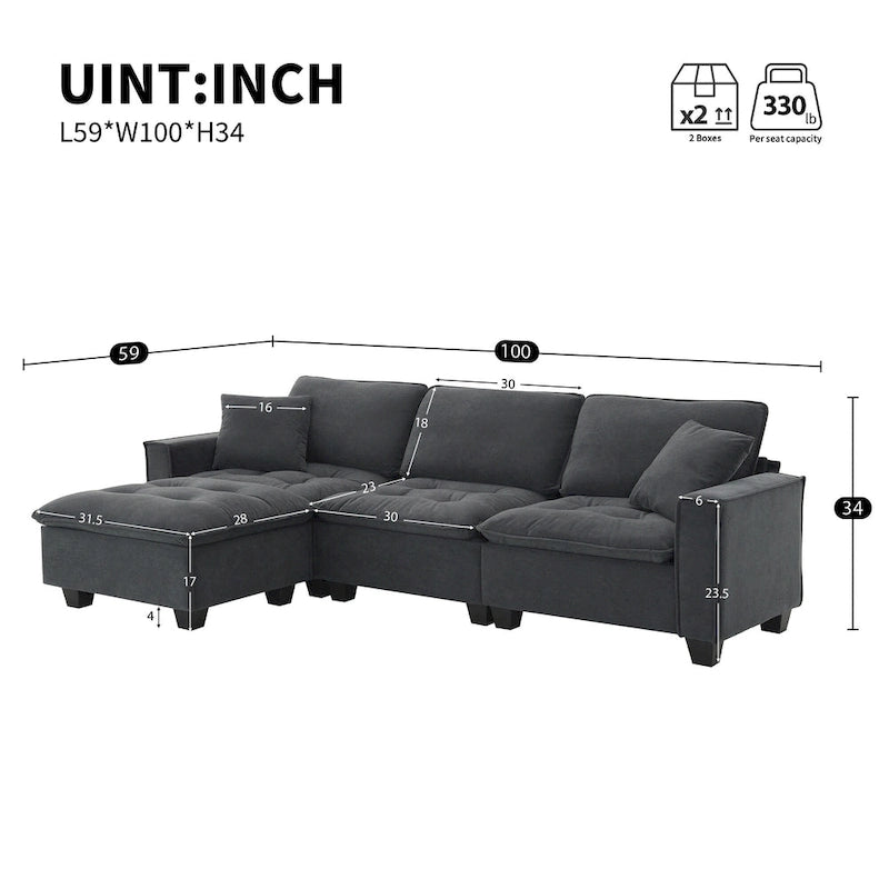 100 L-Shaped Convertible 4 Seater Sectional Sofa with Removable Ottoman and Matching Pillows, Suede Velvet Upholstery