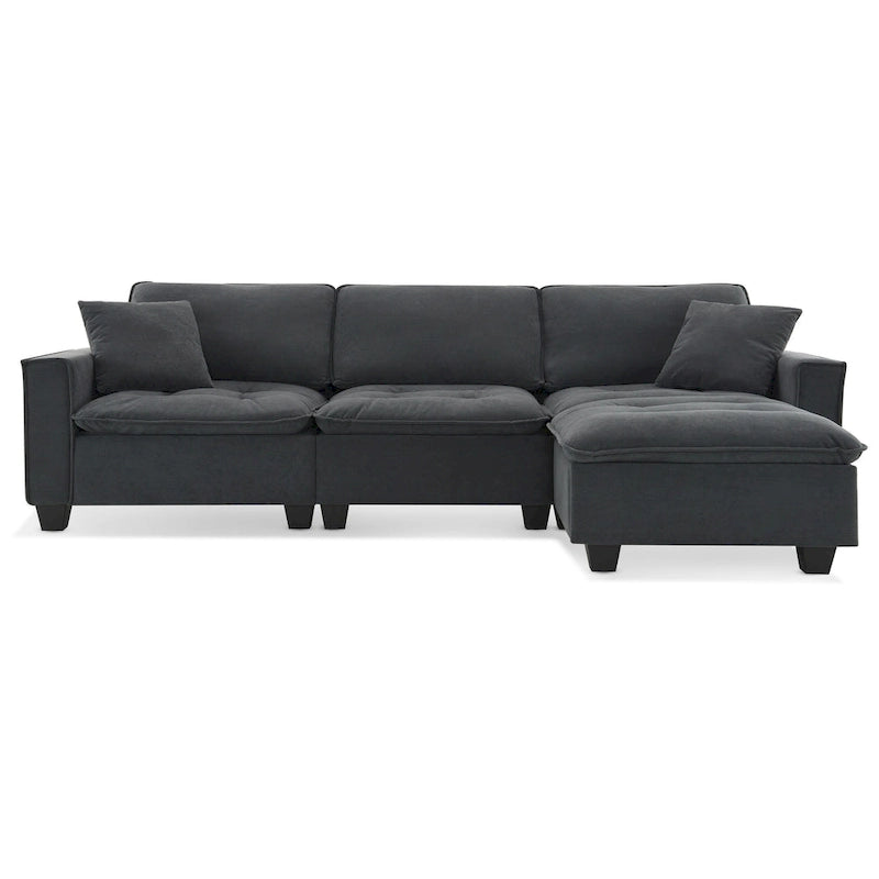100 L-Shaped Convertible 4 Seater Sectional Sofa with Removable Ottoman and Matching Pillows, Suede Velvet Upholstery