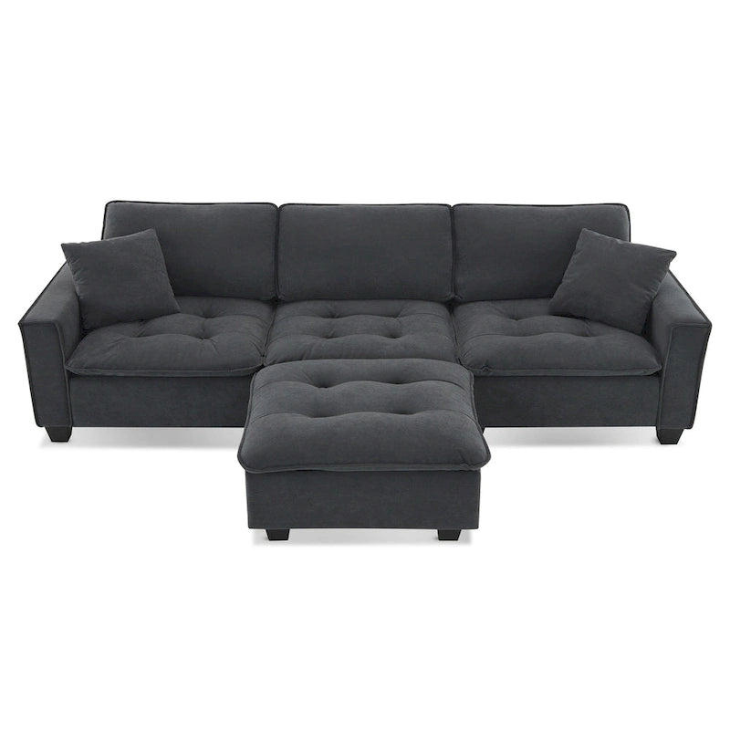 100 L-Shaped Convertible 4 Seater Sectional Sofa with Removable Ottoman and Matching Pillows, Suede Velvet Upholstery