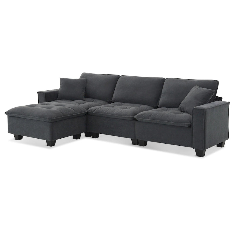 100 L-Shaped Convertible 4 Seater Sectional Sofa with Removable Ottoman and Matching Pillows, Suede Velvet Upholstery