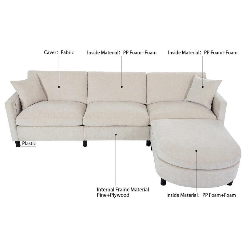 107.87 Removable Cushion 4-Seat Sectional Sofa with Movable Ottoman
