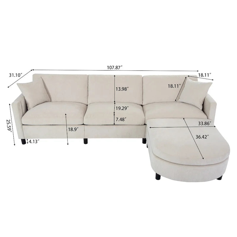 107.87 Removable Cushion 4-Seat Sectional Sofa with Movable Ottoman