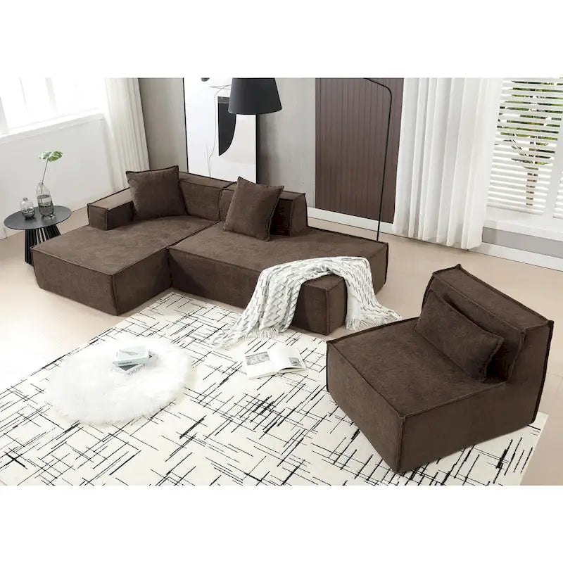 129.5 Minimalist Modular L-Shaped 4-Seat Sofa Set with Chaise