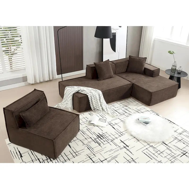 129.5 Minimalist Modular L-Shaped 4-Seat Sofa Set with Chaise