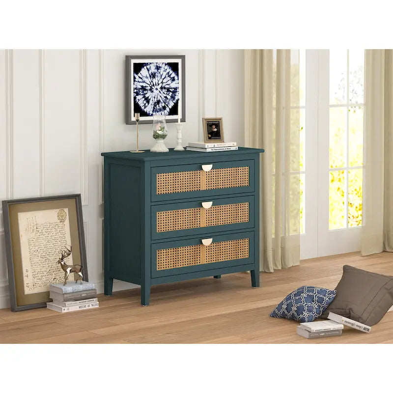 3-Drawer Bachelors Chest Cabinet with Hollow-Carved, Natural Rattan, American Furniture, Suitable for Bedroom, Living room