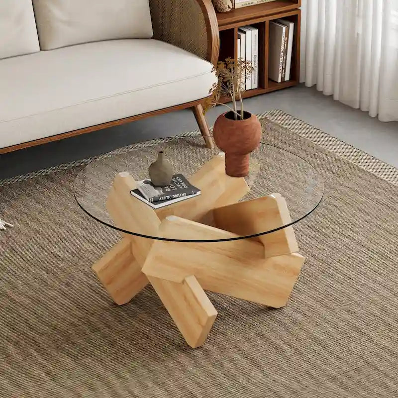 33.4 Modern Round Coffee Table with Clear Tempered Glass Top and MDF Legs for Living Room